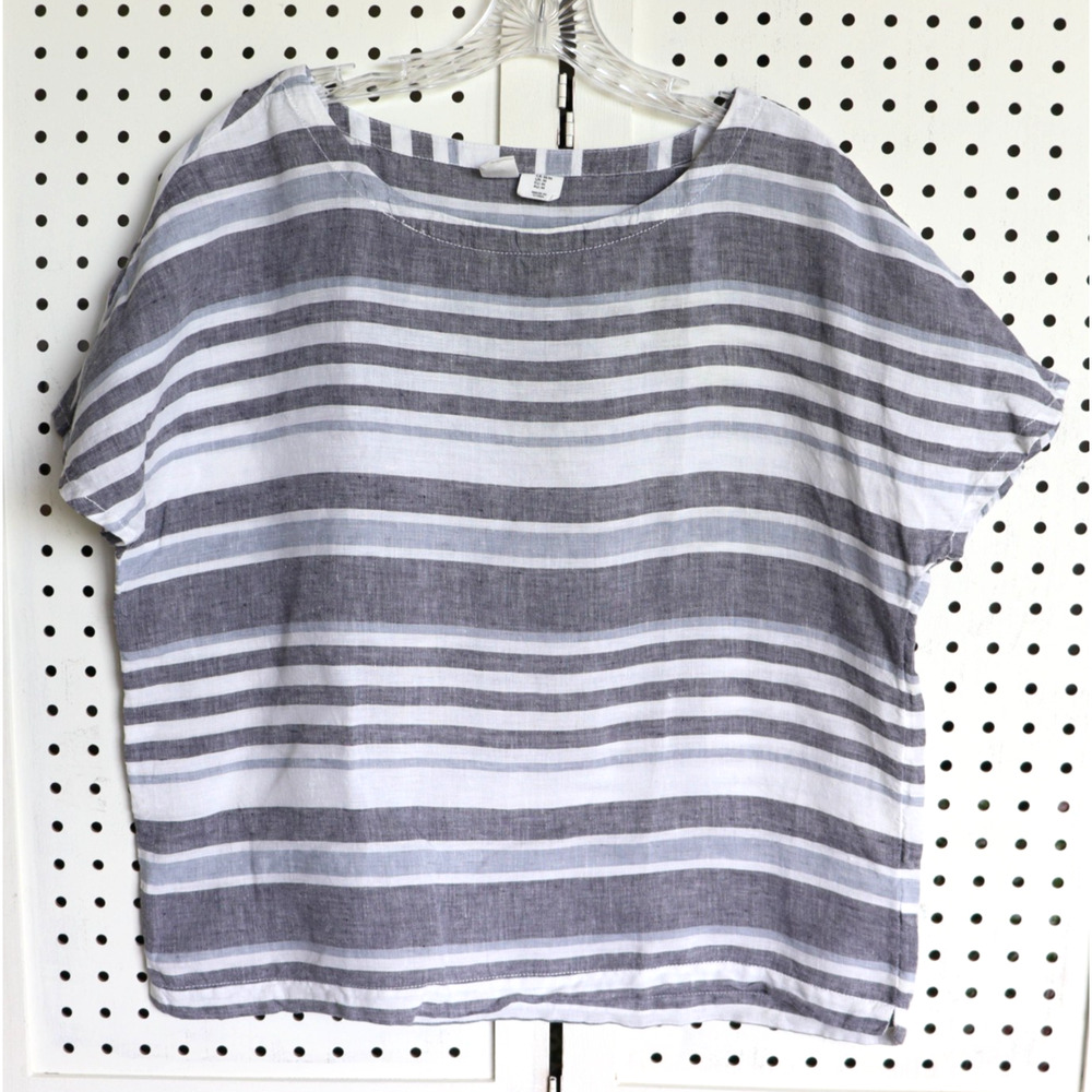 Artisan NY 100% Linen Womens SIZE M Top Blue White Striped Cap Sleeve Blouse Top